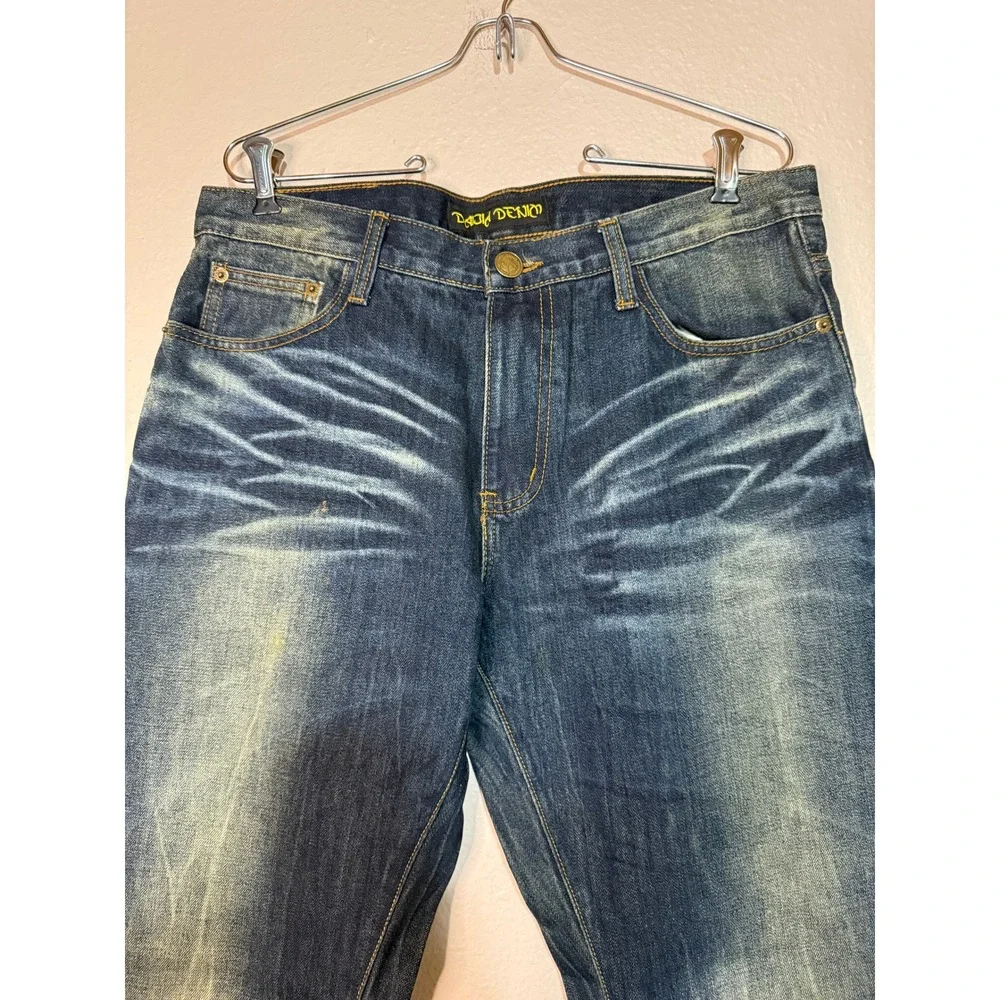 Daijia Jeans Co Mens 34 Dark Wash Whiskered Straight Leg Plaid Lined Denim Pants